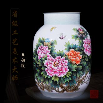 Jingdezhen ceramics Wang Shixian handpainted national color peony vase decoration handicraft furnishing articles in the living room