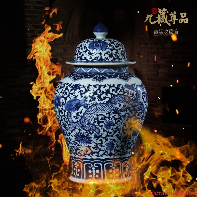 Blue and white porcelain of jingdezhen ceramics general tank furnishing articles of Chinese style living room TV cabinet storage tank decorative arts and crafts