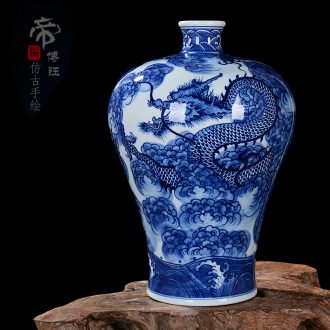 Jingdezhen ceramic vase imitation yongzheng high-grade hand-painted antique blue and white porcelain dragon grain mei bottle decoration furnishing articles