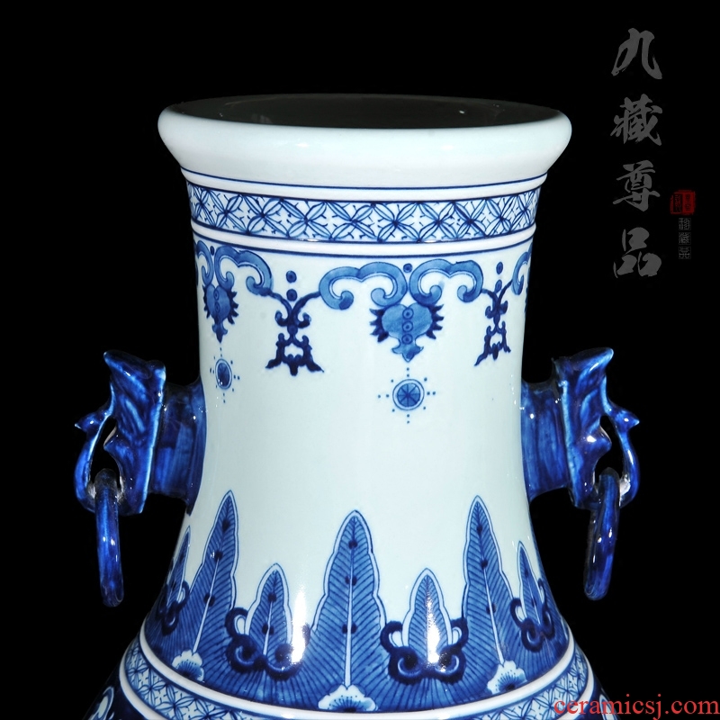 Jingdezhen ceramics antique hand - made double lion big ears in extremely good fortune of blue and white porcelain vase sitting room home furnishing articles - 542258110670