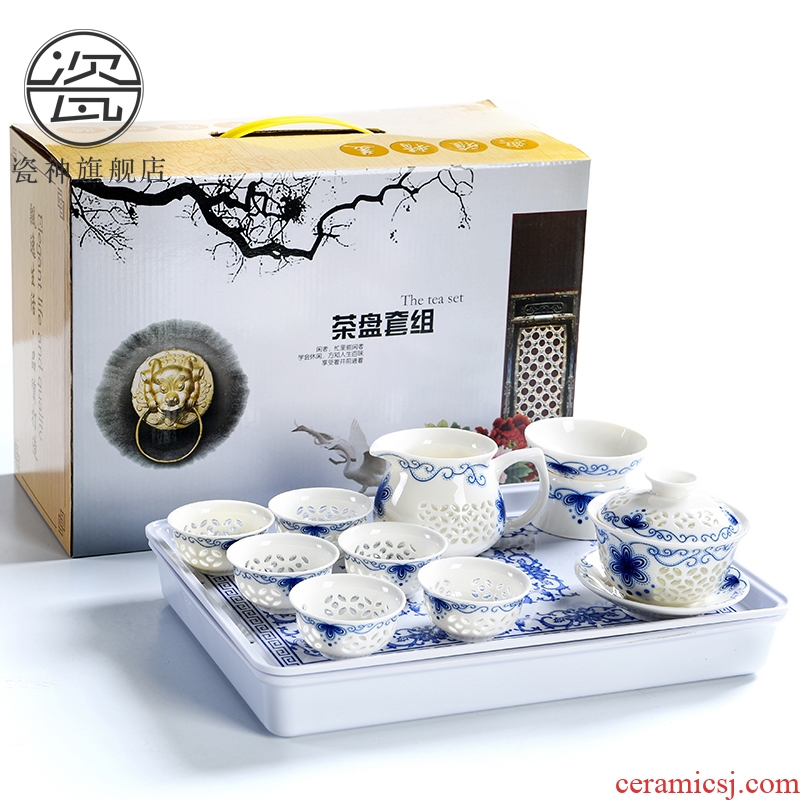 Blue and white and exquisite porcelain ceramic god kung fu tea sets tea tray was contracted melamine small tea table of a complete set of tea cups