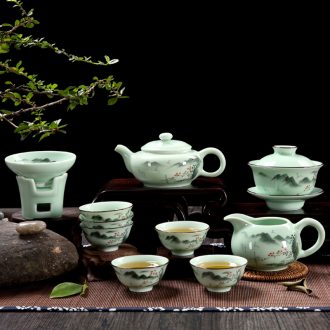 Qiu childe celadon coloured drawing or pattern of household kung fu tea set ceramic tureen little teapot tea wash with a complete set of tea cups