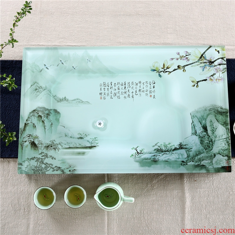 Qiu childe household contemporary and contracted rectangle toughened glass tea tray suit coloured glaze ceramic kung fu tea tea