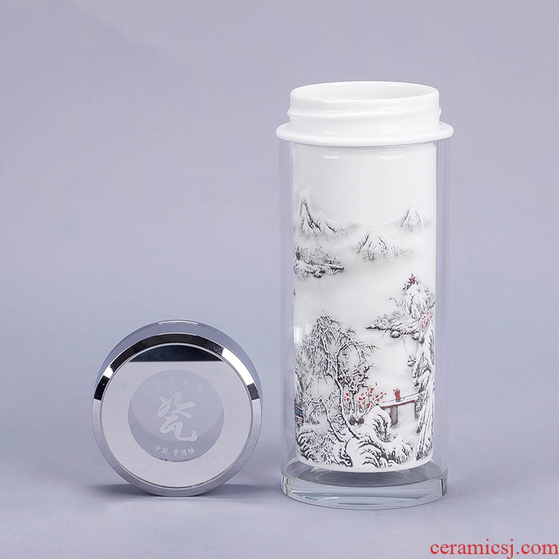 Jingdezhen ceramic straight cup vacuum cup men 's gift custom logo with a cup of tea cups office glass heat insulation