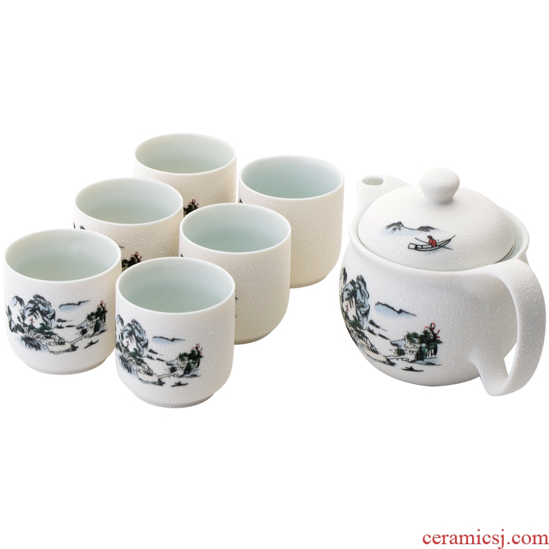JiaXin tea set ceramic white porcelain of a complete set of kung fu tea set a pot of six cups of landscape snowflakes glaze tea set