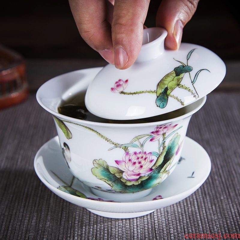 Jingdezhen ceramic hand-painted famille rose tea tureen kung fu tea cups and three cups to finger bowl