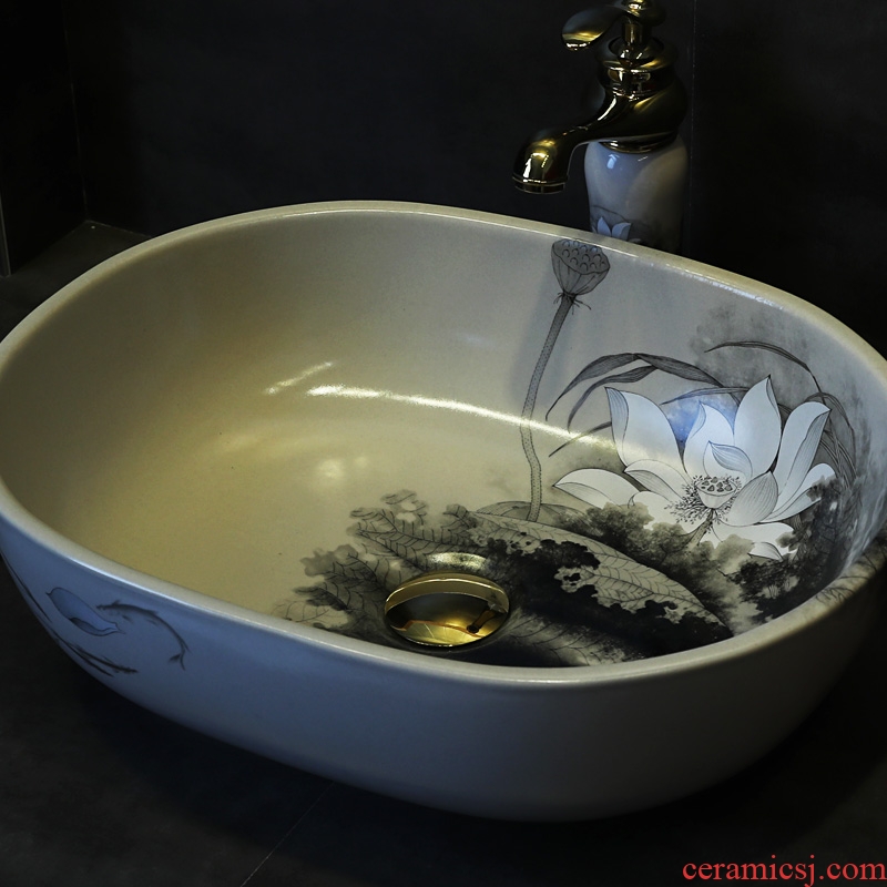 Gold cellnique stage basin to oval sink household creative ceramic art ink lotus lavatory basin