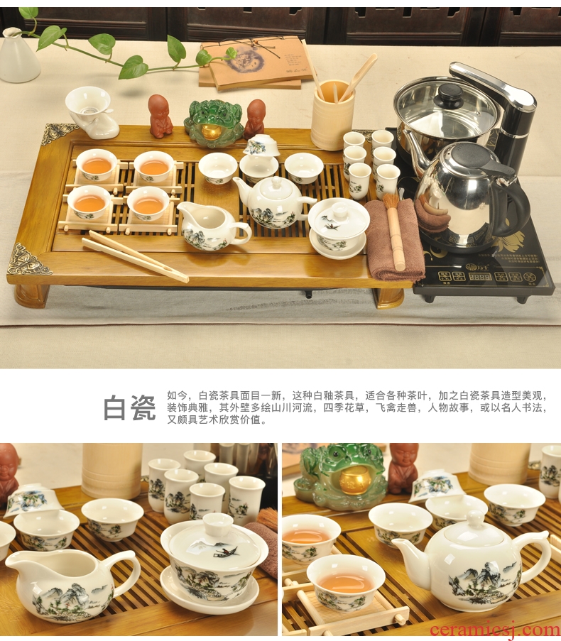 Household porcelain ceramic god kung fu tea set suit white porcelain teapot solid wood tea tray and four tea tea cup