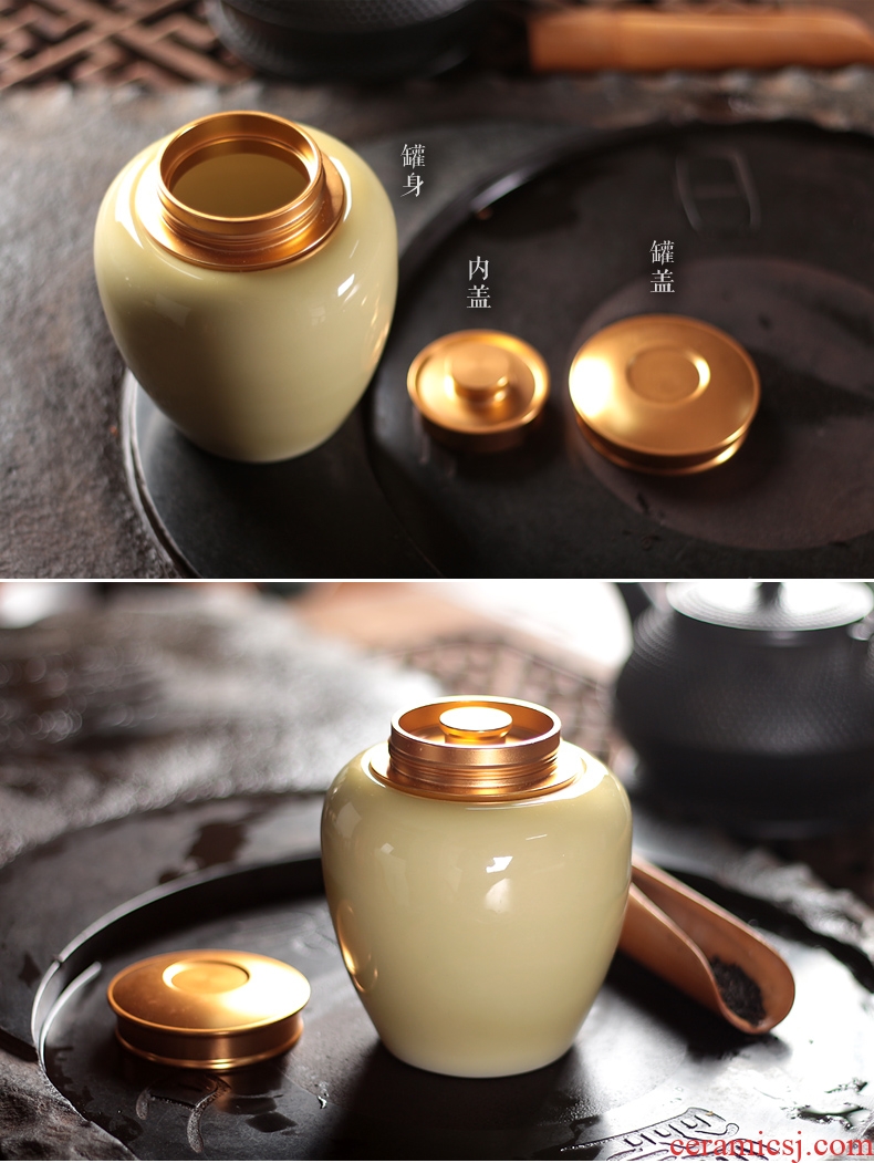 Tea pu 'er tea cans ceramic metal portable household longquan celadon porcelain jar sealing large tea caddy