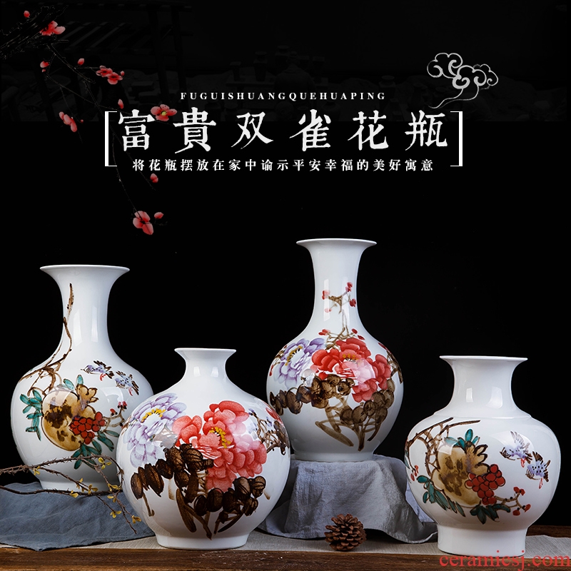 Jingdezhen ceramics hand - made prosperous double finches vase wine porch home decoration sitting room TV ark, furnishing articles