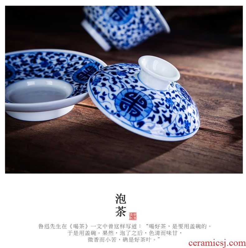 Hand draw large antique tureen ceramic tea cups machine manual kung fu tea set of blue and white porcelain tea three cups