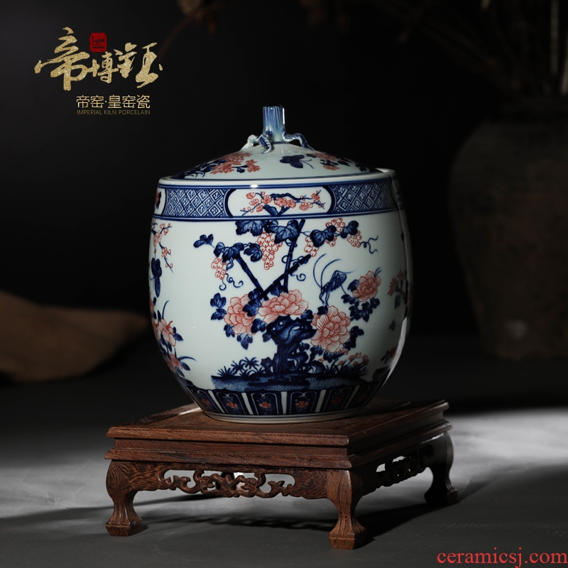 Jingdezhen ceramic storage tank lid tank high-grade hand-painted porcelain youligong red flower butterfly caddy ornament
