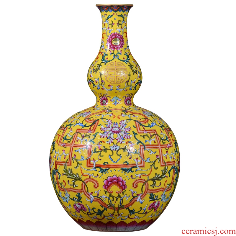 Jingdezhen ceramics imitation qing qianlong yellow scramble for colour live big flower vase sitting room home furnishing articles