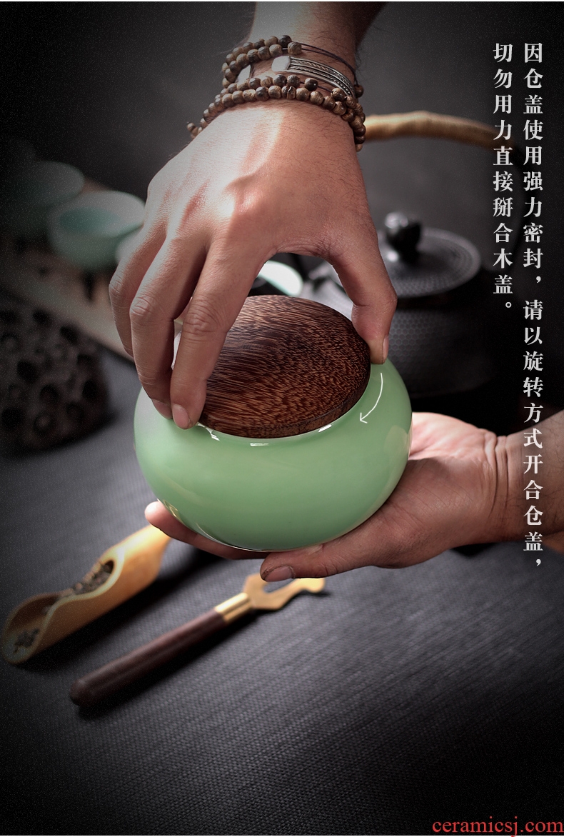 Longquan celadon seal large chicken wings wood caddy tea pu-erh tea tea tea storage tanks ceramic pot