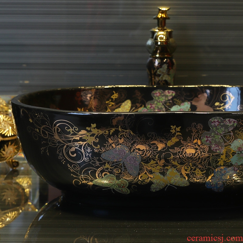 Gold cellnique modern stage basin ceramic art basin of the basin that wash a face black glaze sink oval increase the basin that wash a face