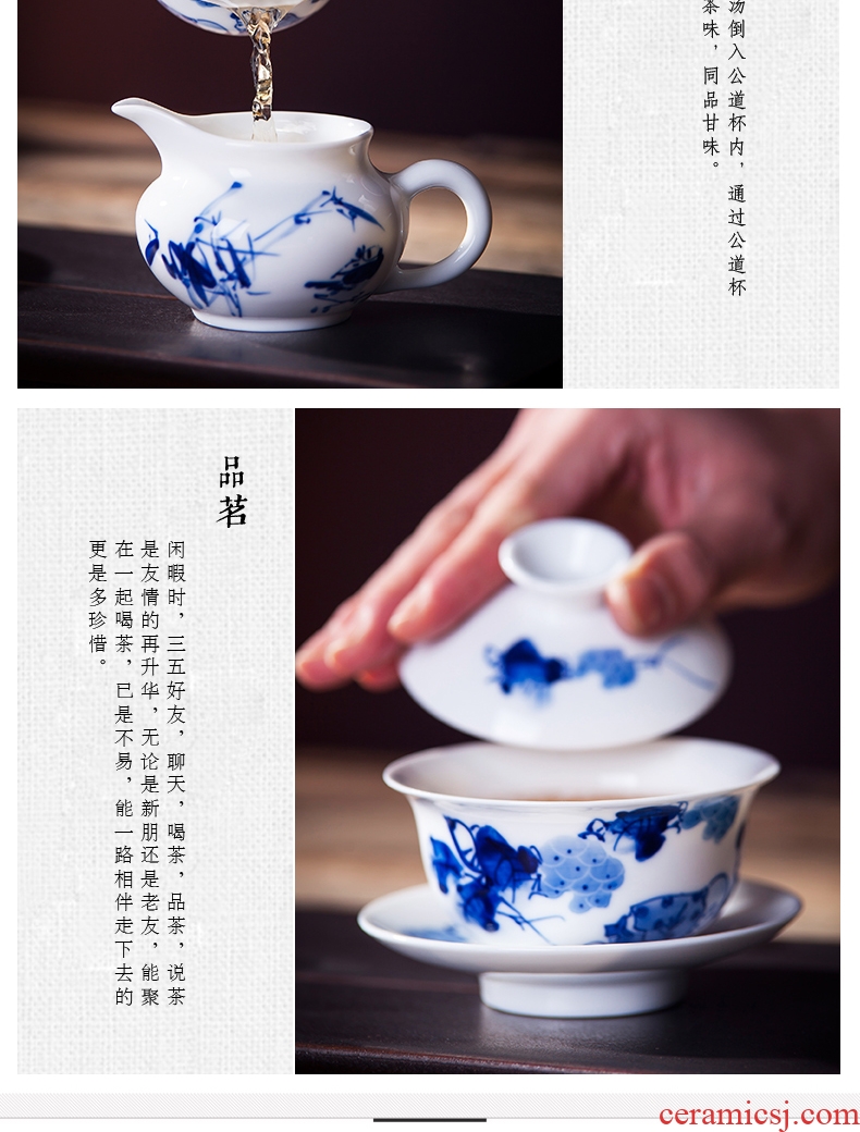 Jingdezhen ceramic hand-painted tureen blue-and-white kung fu tea set three to bowl and tea cups, tea table joker