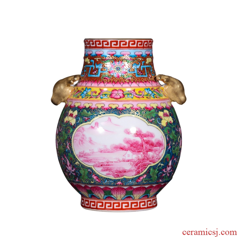 Jingdezhen ceramics antique hand-painted colour enamel window rouge landscape f barrels vase crafts