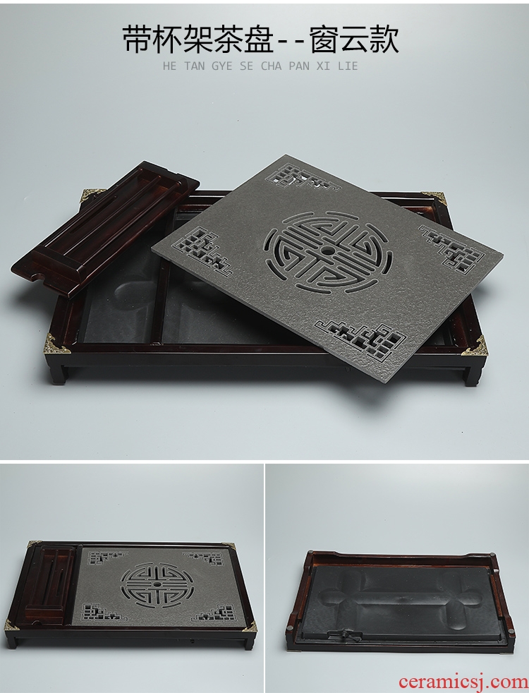 Quiet life kung fu tea drawer drainage ceramic tea tray tea sea stone tea tray of household solid wood storage