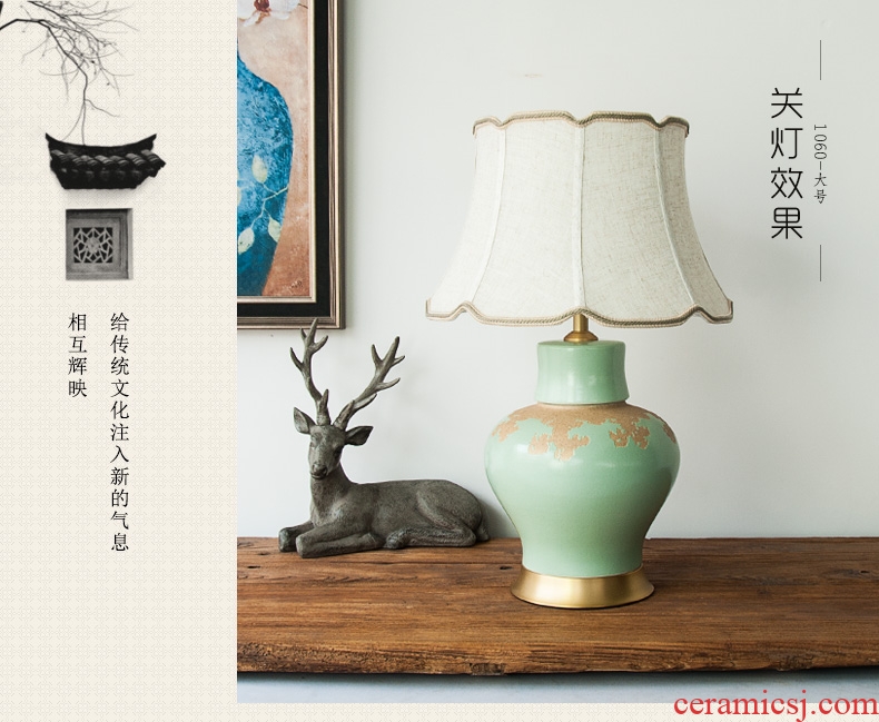New Chinese style full copper ceramic desk lamp green pot - bellied I sitting room bedroom berth lamp hotel study desk lamp, 1060