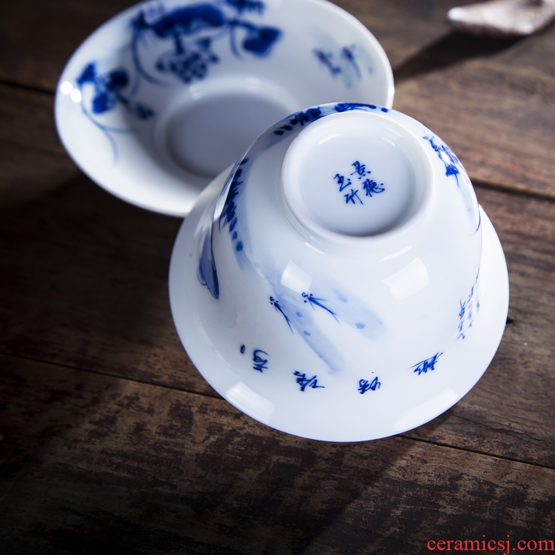 Hand-painted tureen large lotus jingdezhen blue and white tea under the glaze color high white porcelain kung fu tea bowls three worship the teacup