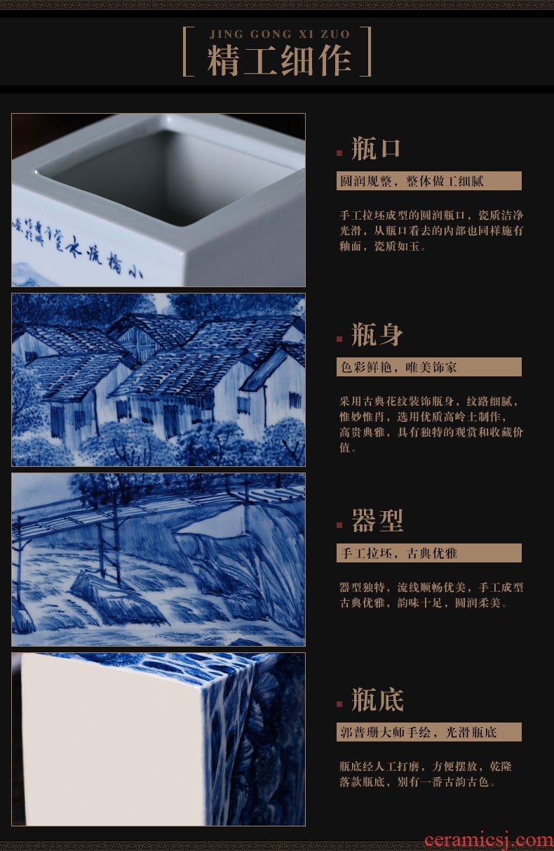 The Master of jingdezhen ceramics hand - drawn square large vases, flower blue water bridge, study of office furnishing articles