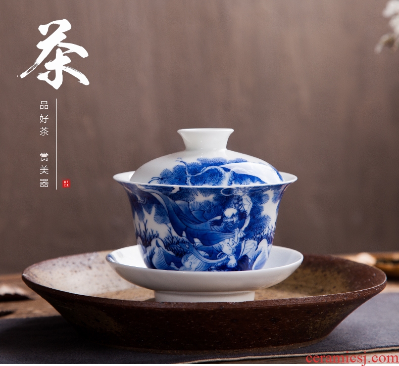Jingdezhen hand - made tureen large three cups to bowl of kung fu tea set of blue and white porcelain eggshell porcelain tea bowl