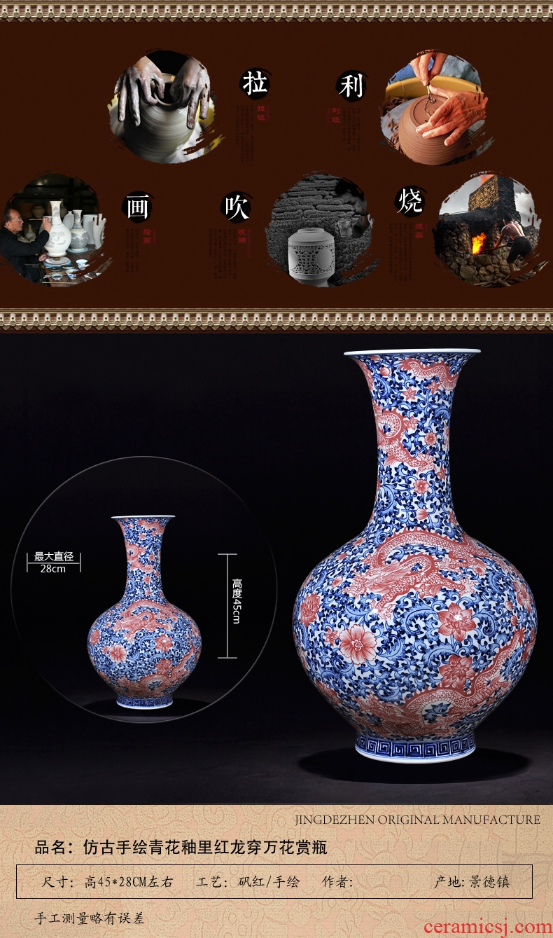Antique hand-painted porcelain of jingdezhen ceramics youligong red dragon wear bottle of sitting room than a flower crafts TV ark furnishing articles