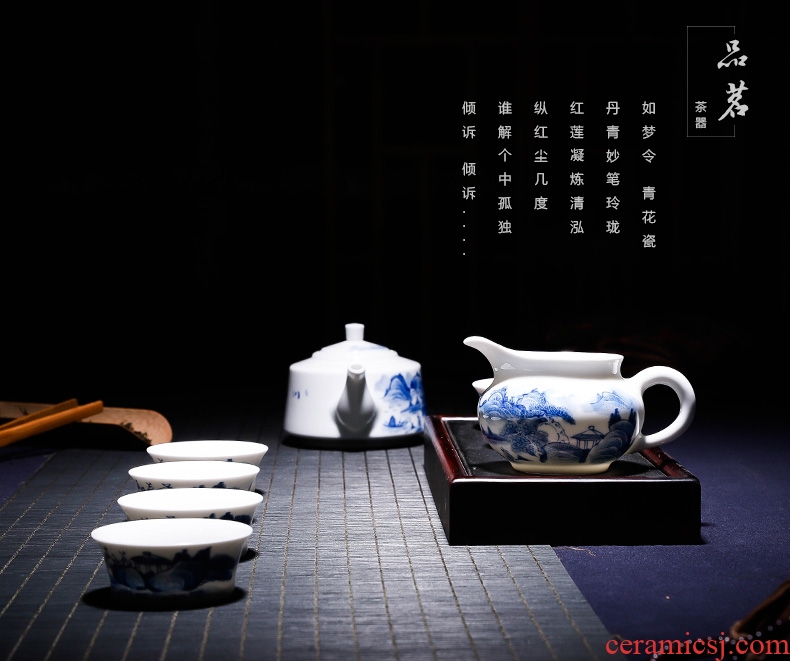 Blue and white tea set group of jingdezhen porcelain pure manual single hand-painted kung fu tea set reasonable teapot tea cup