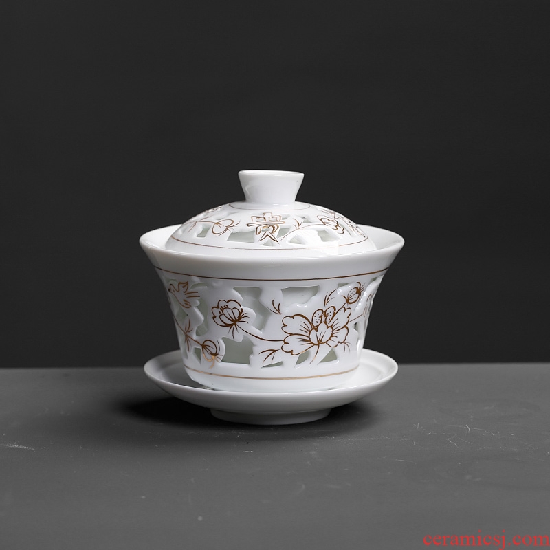Royal elegant double tureen ceramic cups large hollow out kung fu tea set white porcelain three bowl of tea bowl