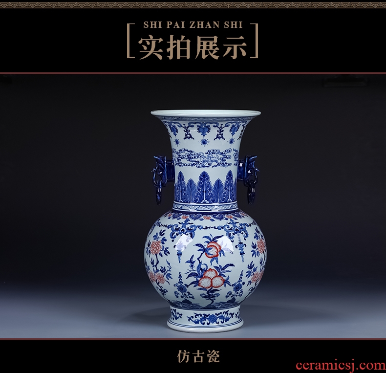 Jingdezhen ceramics hand - carved antique Chinese shadow blue glaze vase home furnishing articles large sitting room - 538065724594