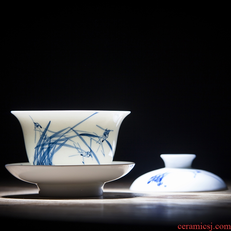 Jingdezhen ceramic hand-painted large three to kung fu tea tureen hand hand catch bowl of tea to tea cups