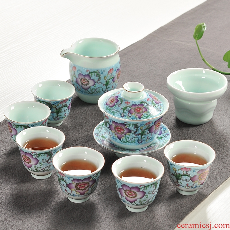 Grilled ceramic checking porcelain god kung fu tea set tea teapot GaiWanCha sea of a complete set of tea cups suit