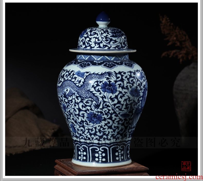 Blue and white porcelain of jingdezhen ceramics general tank furnishing articles of Chinese style living room TV cabinet storage tank decorative arts and crafts