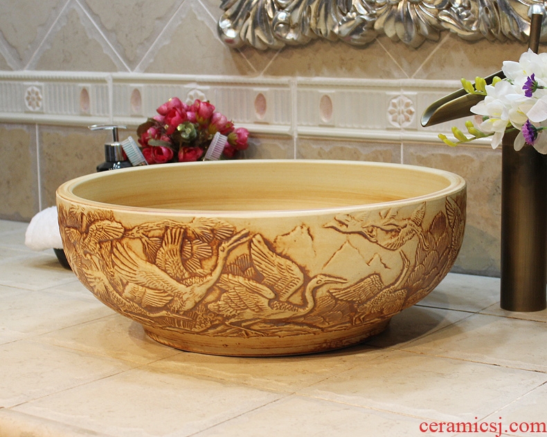 Jingdezhen ceramic lavatory basin basin sink art stage carved pine crane