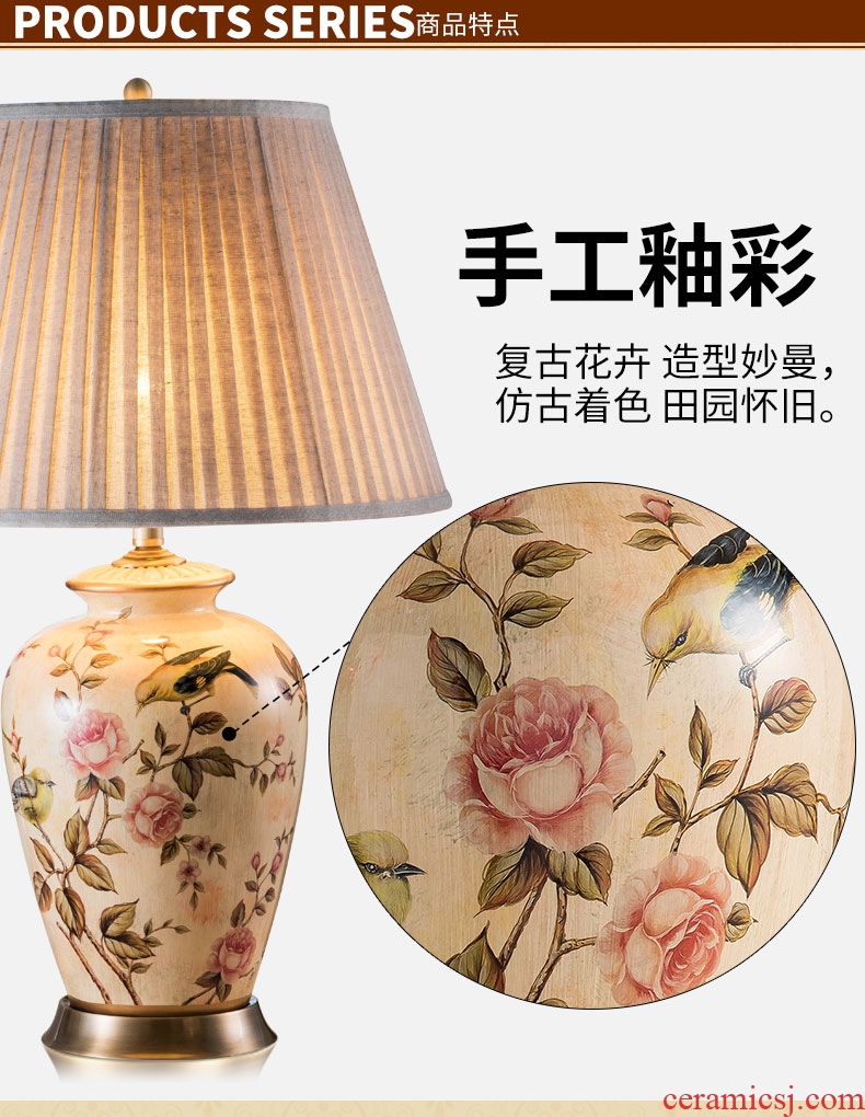 European ceramic desk lamp retro desk lamp of bedroom the head of a bed american-style villa living room study all copper ceramic desk lamp of flowers and birds