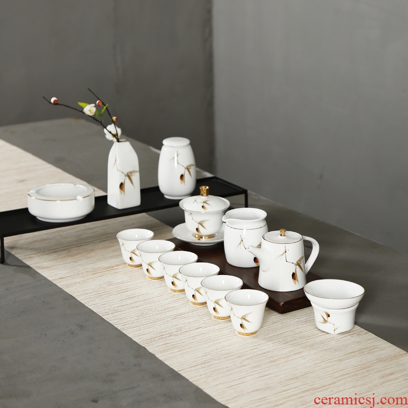 Famed paint ceramic kung fu tea set hand - made white porcelain tureen teapot teacup household 6 people of a complete set of tea service