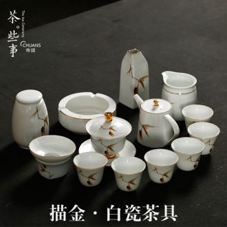 Famed paint ceramic kung fu tea set hand-painted white porcelain tureen teapot teacup household 6 people of a complete set of tea service