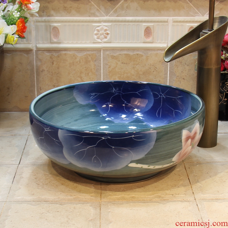 Jingdezhen ceramic lavatory trumpet 34 cm blue lotus leaves the stage basin, art basin sink the pool that wash a face
