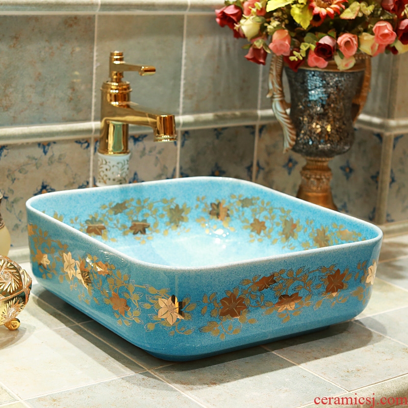 Gold cellnique rural wind lavabo lavatory sink color glaze ceramic square emerald blue birds and flowers