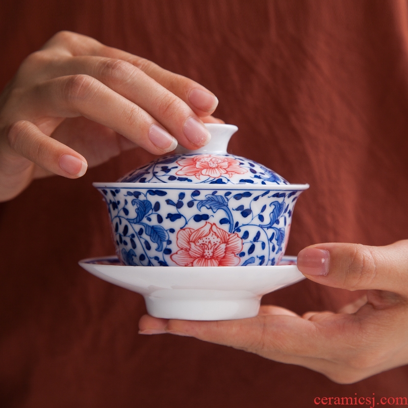 Jingdezhen ceramic hand - made porcelain youligong red peony tureen manual worship tureen tea bowl three cups to use