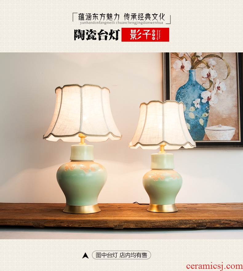 New Chinese style full copper ceramic desk lamp green pot - bellied I sitting room bedroom berth lamp hotel study desk lamp, 1060