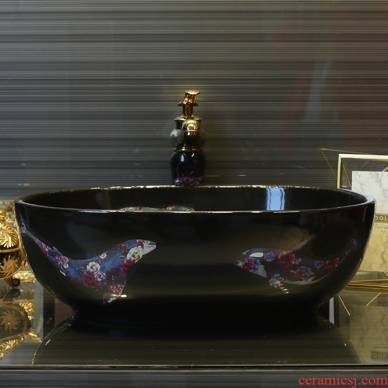Gold cellnique modern stage basin ceramic art basin of the basin that wash a face black glaze sink oval increase the basin that wash a face