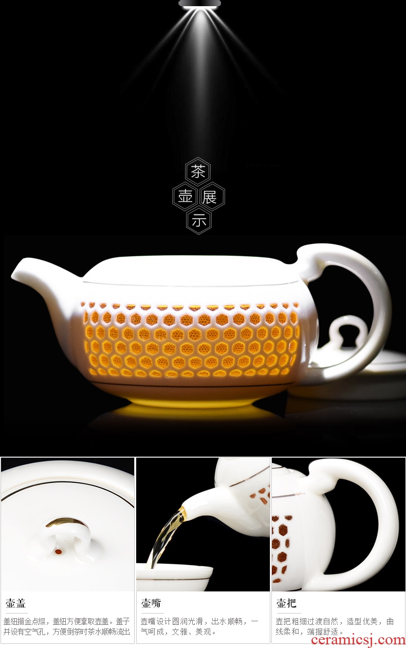 It still fang and exquisite watertight hollow out a whole set of crystal ceramics kung fu tea set and exquisite porcelain honeycomb teapot