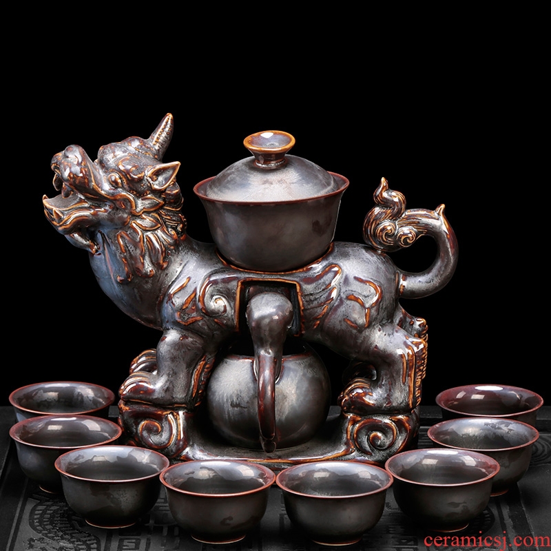 Royal elegant half automatic restoring ancient ways suit lazy copper porcelain tea set archaize rust glaze ceramic kung fu tea set
