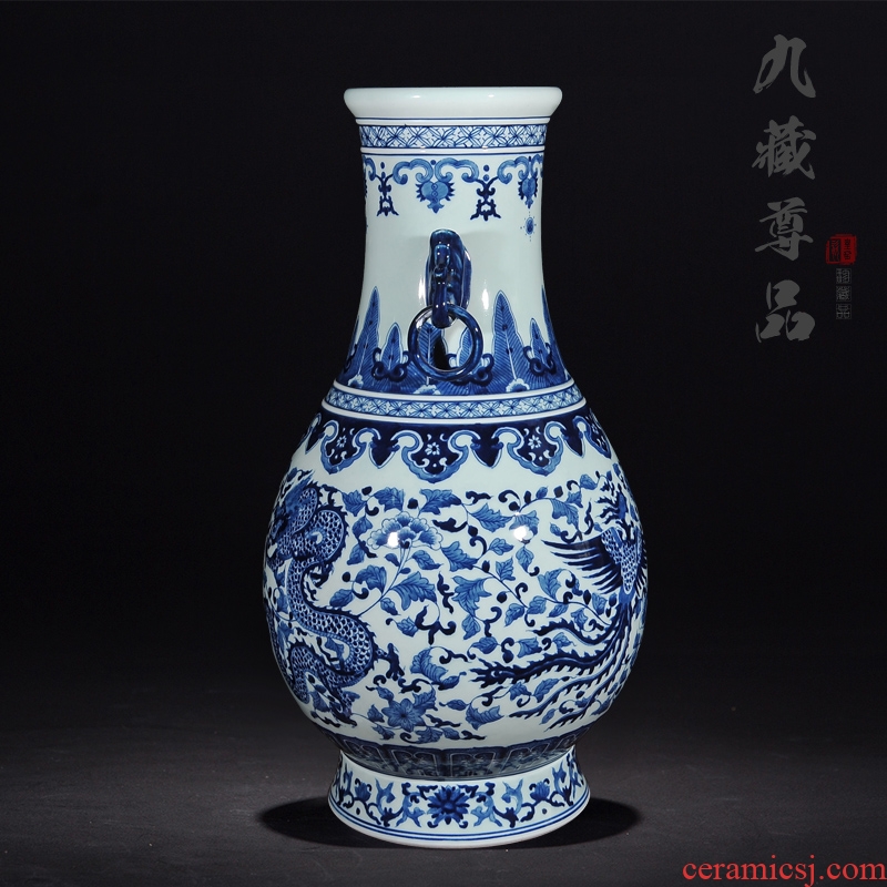Jingdezhen ceramics hand - made double elephant ears in extremely good fortune of the big vase of blue and white porcelain classical home furnishing articles
