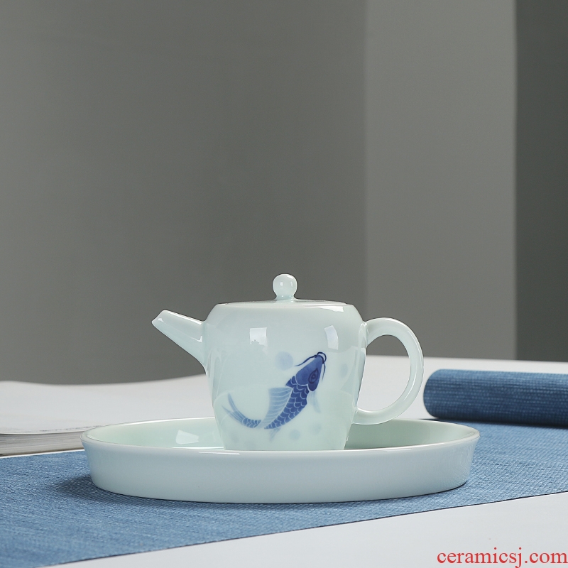 Quiet life hand - made stale fish pot bearing shadow celadon kung fu tea set ceramic pot dry blister tray of the teapot
