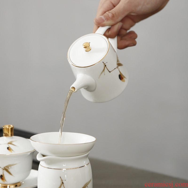 Famed paint ceramic kung fu tea set hand - made white porcelain tureen teapot teacup household 6 people of a complete set of tea service