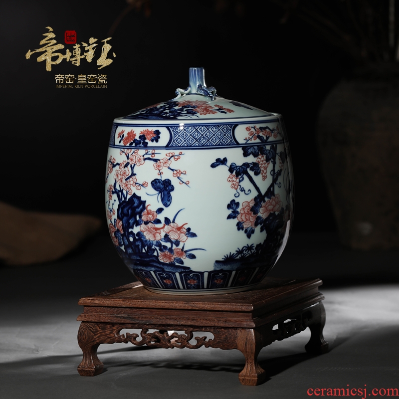 Jingdezhen ceramic storage tank lid tank high-grade hand-painted porcelain youligong red flower butterfly caddy ornament