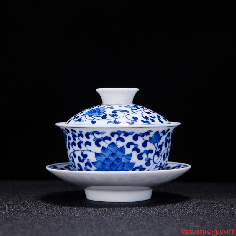 Jingdezhen ceramics hand - made tureen hand grasp three to bowl of blue and white porcelain bowl of tea bowl of kung fu tea to tea cups