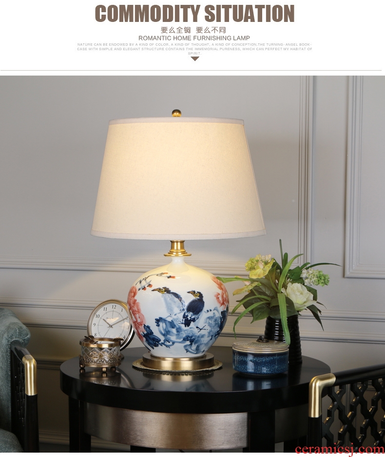 New Chinese style living room lamp jingdezhen blue and white porcelain hand - made lamp study lamp of bedroom the head of a bed full of copper lamp